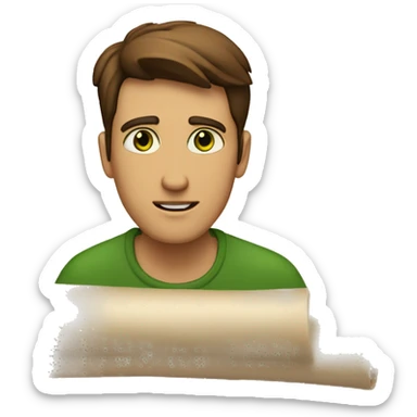 a light-skinned green-eyed man with brown hair sitting in front of the paper scroll  sticker