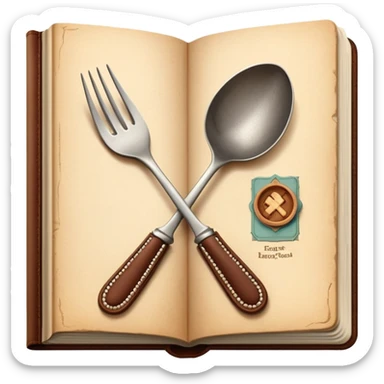 Cookbook with crossed fork and spoon emblem on its cover, recipe collection sticker