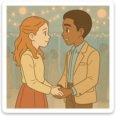 Max and Lucas holding hands at the school dance, smiling at each other, with a mood of friendship and romance. They wear classic outfits from the first season. The style is simple line art with light pastel tones and thick outlines, in the Ghibli style, 1:1 format, safe and friendly atmosphere. sticker