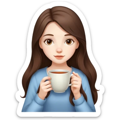  beautiful pale brunette girl with long hair drinking tea from a big cup sticker