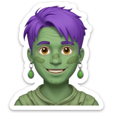 purple haired man with full full face dirty messy green clay mask and earrings happy  sticker