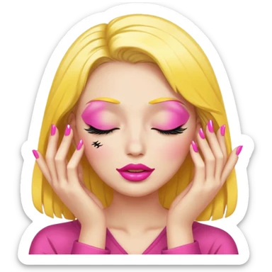 Make this image more like the meme emoji: yellow face with closed eyes and heavy false eyelashes, full glossy lips, and two hands with long pink-painted nails, matching the meme style closely. sticker