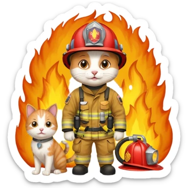 cat on the fire and firefighter dog help sticker