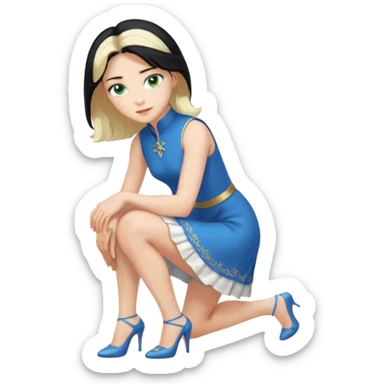 prince, upright, black Hair, blue eyes, garment,  Woman, bending knee, sleveless white dress, blonde hair, green eyes, sticker