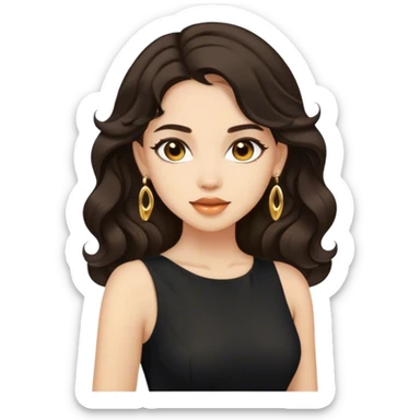 Beautiful woman,cute, light skin, half long wavy dark hair in dark dress with gold earrings sticker