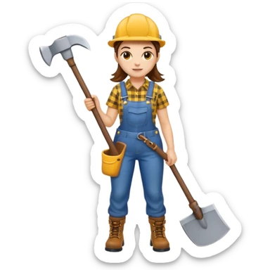 lumberjack woman holding axe yellow checked shirt and overall sticker
