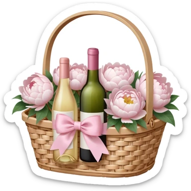 White Picnic basket with light pink bow and white peonies inside and a pink wine bottle sticker