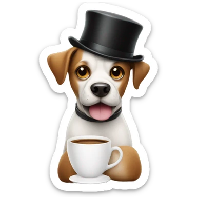 a dog wearing a bowler hat holding a cup of coffee  sticker
