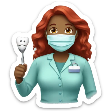 Brown Woman dentist with long red hair wearing face mask holding a tooth  sticker