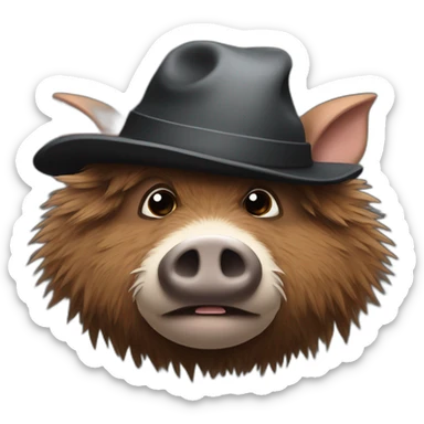 Sad brown stubble boar with tusks in a black winter hat sticker