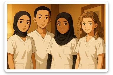 Four nursing students standing side by side in a warm indoor setting, wearing white medical uniforms with short sleeves, V-neck collars, and left chest pockets. No stethoscopes, no undershirts, no collar stands, forearms bare. Style: Ghibli, warm ambiance, indoor environment. sticker