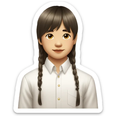 11 year old chinese boy with curtain bangs and white formal shirt with long sleevesand a book sticker