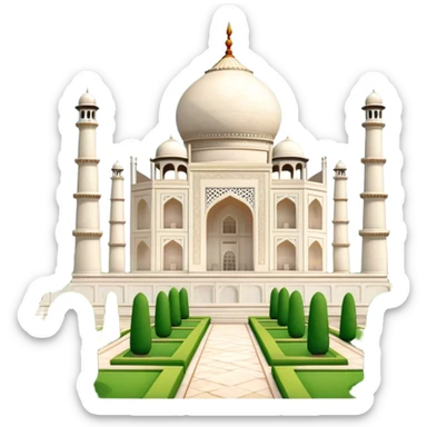 Cinematic Realistic Taj Mahal Landmark Emoji, depicted as the iconic marble mausoleum set amidst lush gardens rendered with intricate detail and ethereal, soft lighting. sticker