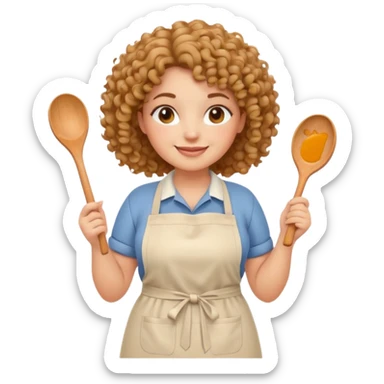 Cute emoji avatar of a plus size woman with curly hair, warm skin tone, wearing a casual kitchen apron, smiling and holding a wooden spoon. Simple, clean lines, pastel color palette. Suitable for Instagram profile and stories. sticker
