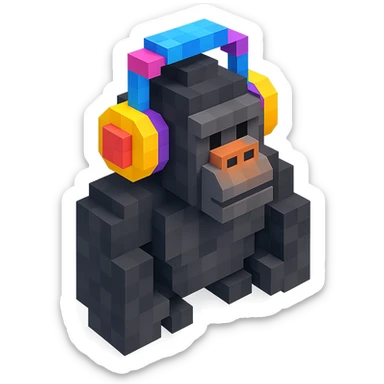 voxel style gorilla with colorful headphones, isometric view sticker