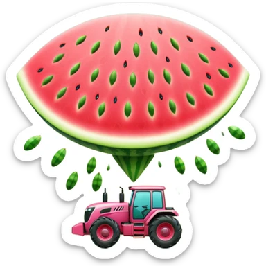 A UFO shaped like a slice of watermelon abducting seeds with a tiny tractor beam. Bright fun colors, cartoon style, minimal shadows, transparent background. sticker