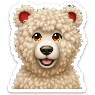 Light coloured curly fur. With Orange eyes teddy bear wearing a beige sweater with a red heart in the middle.  sticker