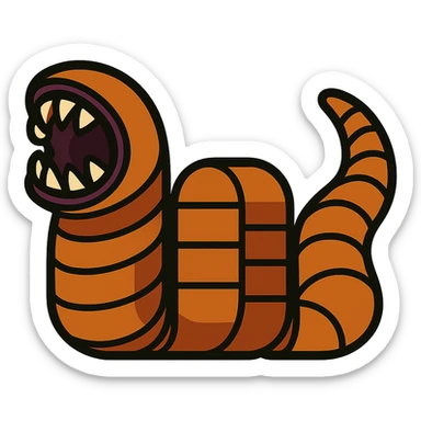 a sandworm from Dune depicted as three seamless emoji parts: a head, a body, and a tail, with the body emoji designed to tile seamlessly side by side to create a longer worm, each part distinct but matching in style and color for a continuous look, vibrant toon style sticker