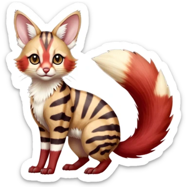 sanguine-red-streaked natural realistic divine beautiful elegant pretty precious cute young youthful  Fakémon-Pokémon-alien-opossum-feline-serval-caracal-chinchilla-Minccino-hybrid-creature with a big fluffy bushy striped tail (full body) sticker