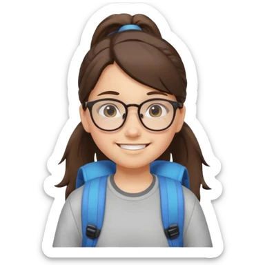 student brunet kid girl, ponytail wearing glasses with backpack sticker