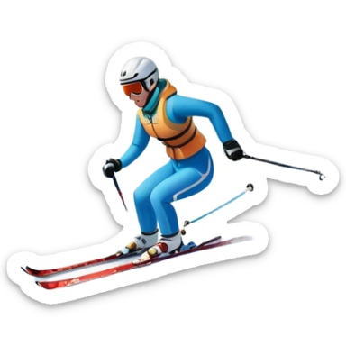 An icon featuring snowy peaks, pine trees, and a picturesque mountain landscape with a skier racing down a snow-covered slope. The sky is blue with soft clouds, capturing the thrill and beauty of alpine skiing. Transparent background highlights the excitement and serenity of winter sports. sticker