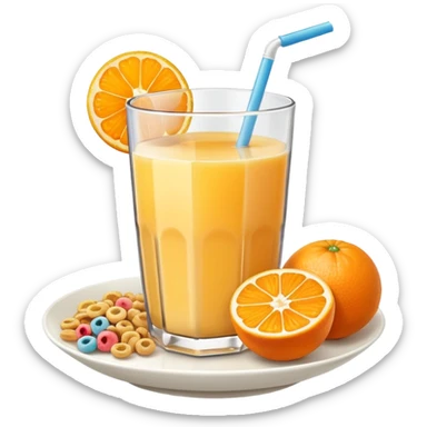 A glass of juice and a bowl with cereals sticker