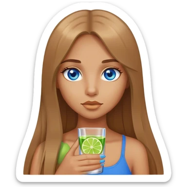tan girl, long light brown straight hair, blue eyes, holding a shot with lime sticker