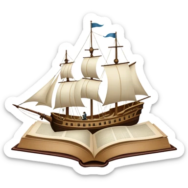 Collage for Reading Fiction: Cola large open book with pages turning into a sailing ship, with musketeers on horseback, and Sherlock Holmes with a magnifying glass standing nearby. The icon should evoke the adventure and romance of exploring fictional worlds. Transparent background sticker