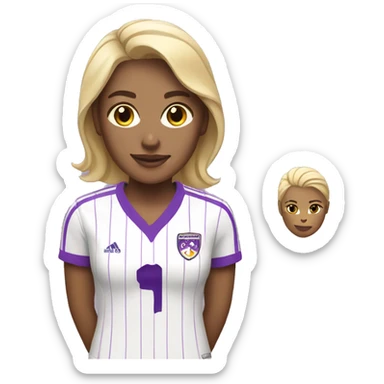 a blonde woman in white soccer jersey with purple pinstripes sticker