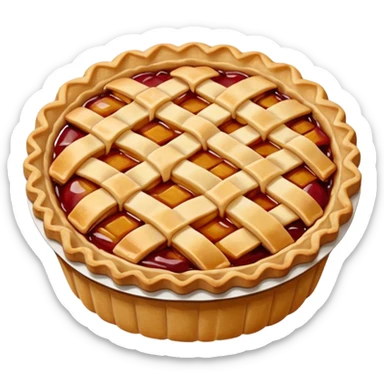A highly detailed, photorealistic 3D render of a small, individual apple pie, with a golden-brown lattice crust. The filling is a rich, glistening red-amber, bubbling slightly.  sticker