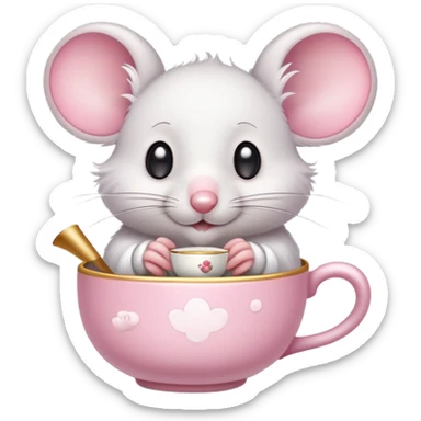 Cute cartoon mouse holding a teacup with steam rising sticker