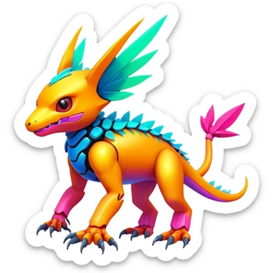 Tropical futuristic lush warm-colored modern colorful neon-colored cyber-Fakémon-Digimon-Trico-creature sticker