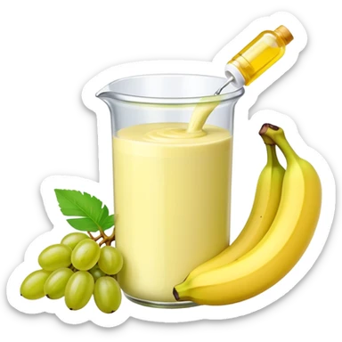 Make an emoji of banana grape custard with a bottle of medicine next to it  sticker