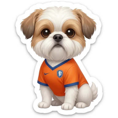 white and light brown shih zhu wearing a Netherland soccer jersey v neck 2026 work cup sticker