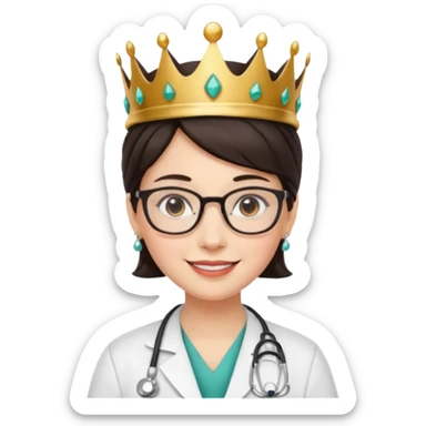 white female doctor very short dark brown hair with glasses and earings and a crown sticker