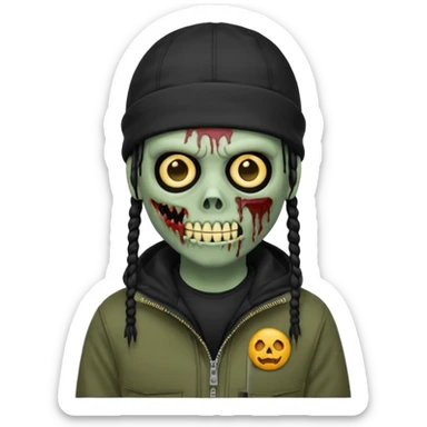 a zombie emoji with black dreads and a black carheartt jacket and black nike ski mask on his head sticker