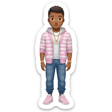 Handsome Black guy with brown skin tone, with muscular build, wearing long baggy dark denim jeans, a white t-shirt, pink and gray striped fuzzy cardigan, white Nike sneakers, a gold watch, and a dainty chain sticker