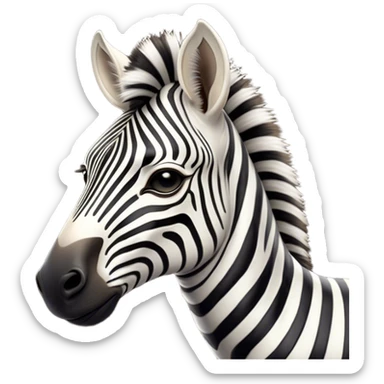 Cinematic Noble Zebra Portrait Emoji, Poised and regal, with a lean, elegant build and a striking Fur of bold black and white stripes, deep-set soulful piercing eyes, Simplified yet sharp and sophisticated features, highly detailed, glowing with a soft, dignified glow, high shine, intelligent and graceful, stylized with an air of savannah chic, focused and attentive, soft glowing outline, capturing the essence of a watchful and confident equine, so majestic it feels as though it could gallop out of the screen with effortless authority! sticker