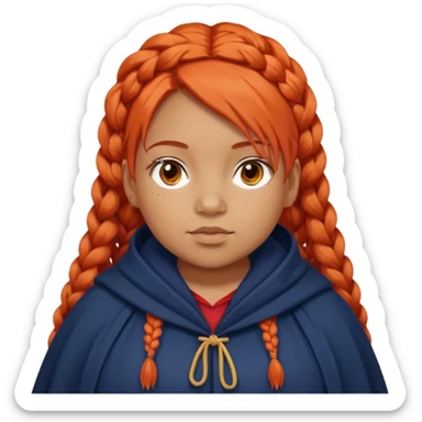 red orange braids hair girl, tan skin, fat, wear navy cloak sticker