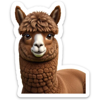 Cinematic Noble Brown Alpaca Portrait Emoji, Poised and regal, with a sturdy, graceful build and a rich, well-groomed brown fleece, deep-set soulful warm eyes, Simplified yet sharp and sophisticated features, highly detailed, glowing with a soft, dignified glow, high shine, intelligent and serene, stylized with an air of pastoral elegance, focused and attentive, soft glowing outline, capturing the essence of a watchful and confident companion, so majestic it feels as though it could stride out of the screen with effortless authority! sticker