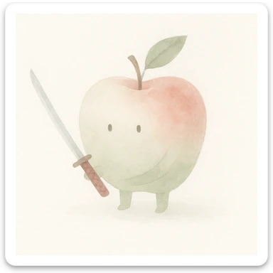an apple holding a katana, soft watercolor art style sticker