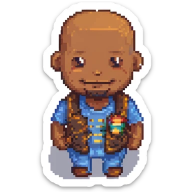 Change the skin tone to a medium brown, keep the 8-bit pixel art style, bald, smiley, low beard, with no background. sticker