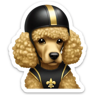 Gold poodle wearing a black football helmet with gold stripe and gold fleur de lis emblem sticker