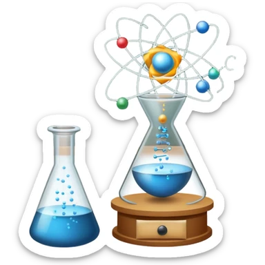 An icon featuring an atom model, a beaker with swirling particles, and a chalkboard with E=mc², symbolizing physics. The design includes a magnet, a pendulum, and a prism splitting light, representing the study of matter, energy, and natural laws. Transparent background  sticker