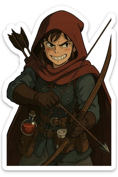 A female rouge , colored hood, wearing brigandine armor with, bow and arrow at the ready, night time shadows, tool belt with red potion and bandages, mischievous grin, anger sticker