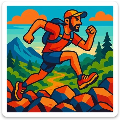 mountain trail runner, vibrant toon style, leaping over rocks, energetic, nature setting sticker