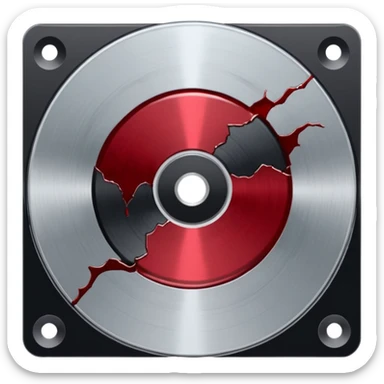 Minimalist emoji-style sticker of a single CD with a sharp crack and a dried blood spot. View from above, black, gray, and muted red.
 sticker