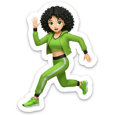 a woman with olive skin tone and curly black hair wearing green and dancing. full body, disco pose. running outfit sticker