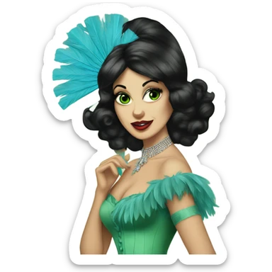 Burlesque dancer with black hair and green eyes in a vintage costume holding blue feather fans sticker