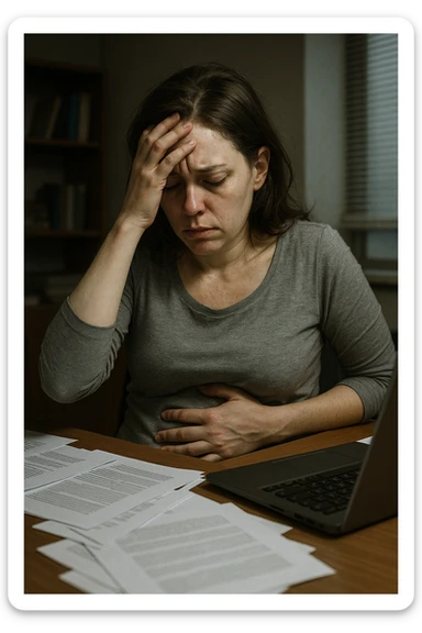 Empathetic photorealistic shot of a woman at her desk, overwhelmed by work. One hand is pressed against her forehead, the other grips her painful, bloated abdomen. Papers are scattered around her. The lighting is harsh and unflattering, emphasizing her pale complexion and the dark circles under her eyes. sticker